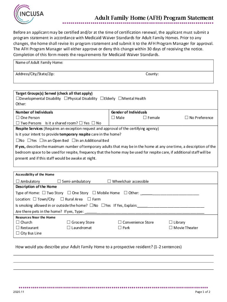 Adult Family Home AFH Program Statement  Form
