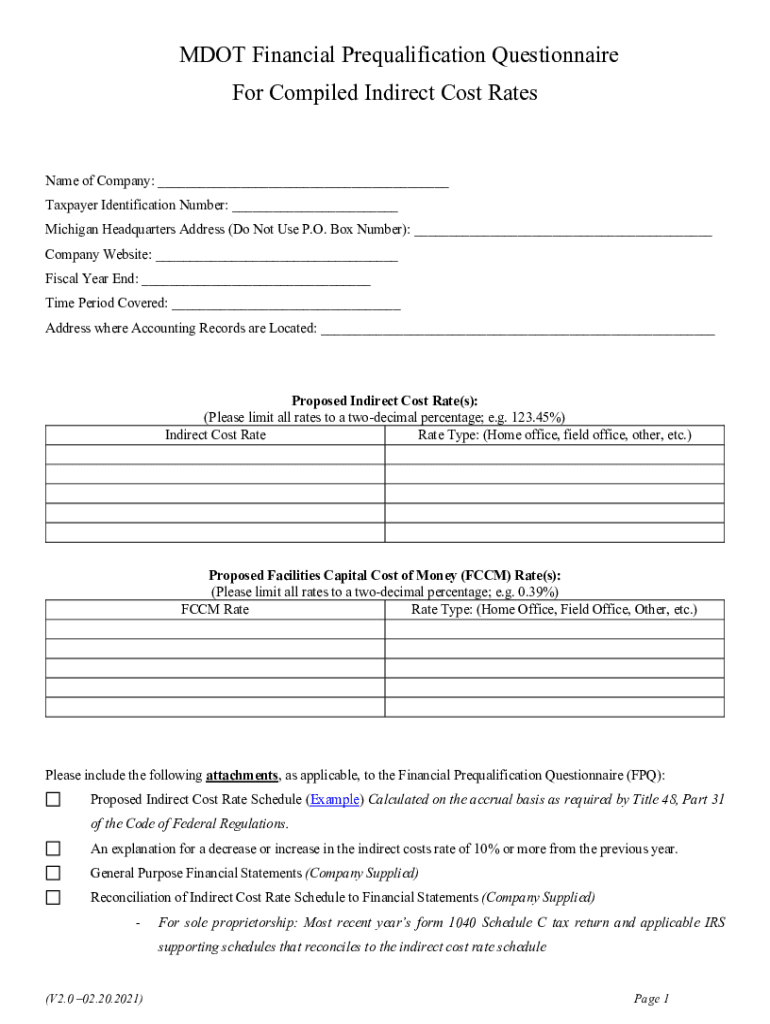  MDOT Financial Prequalification Questionnaire for Compiled Indirect Cost Rate 2021-2024