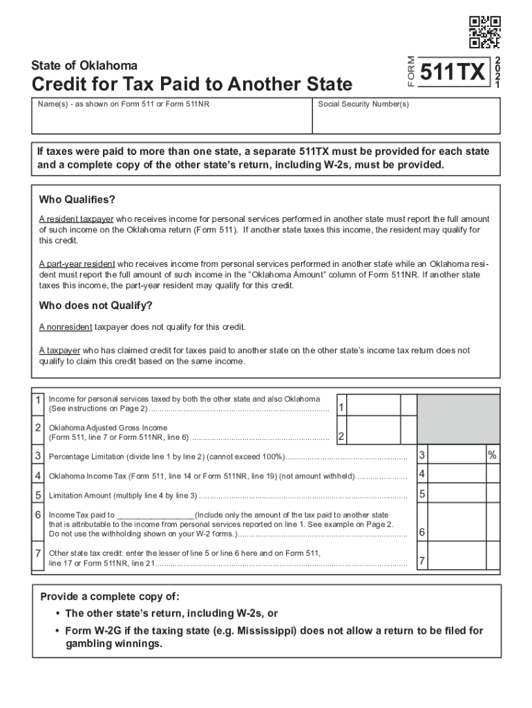  Form 511 TX Credit for Tax Paid to Another State 2021