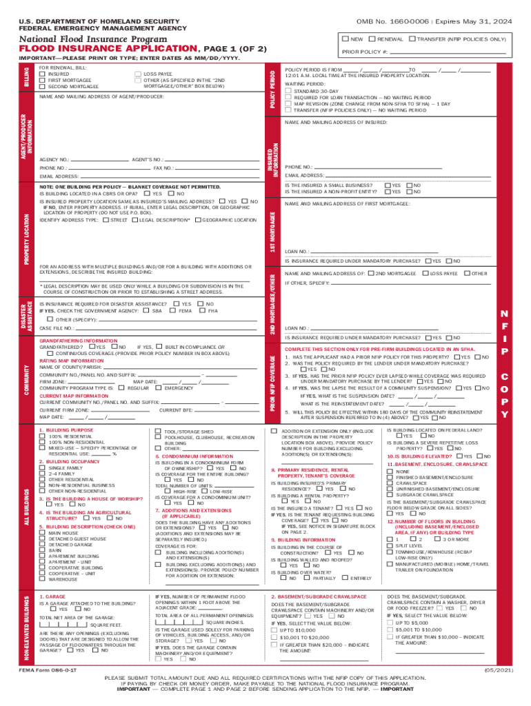 FF 086 0 1T NFIP Flood Insurance Application, May  Form