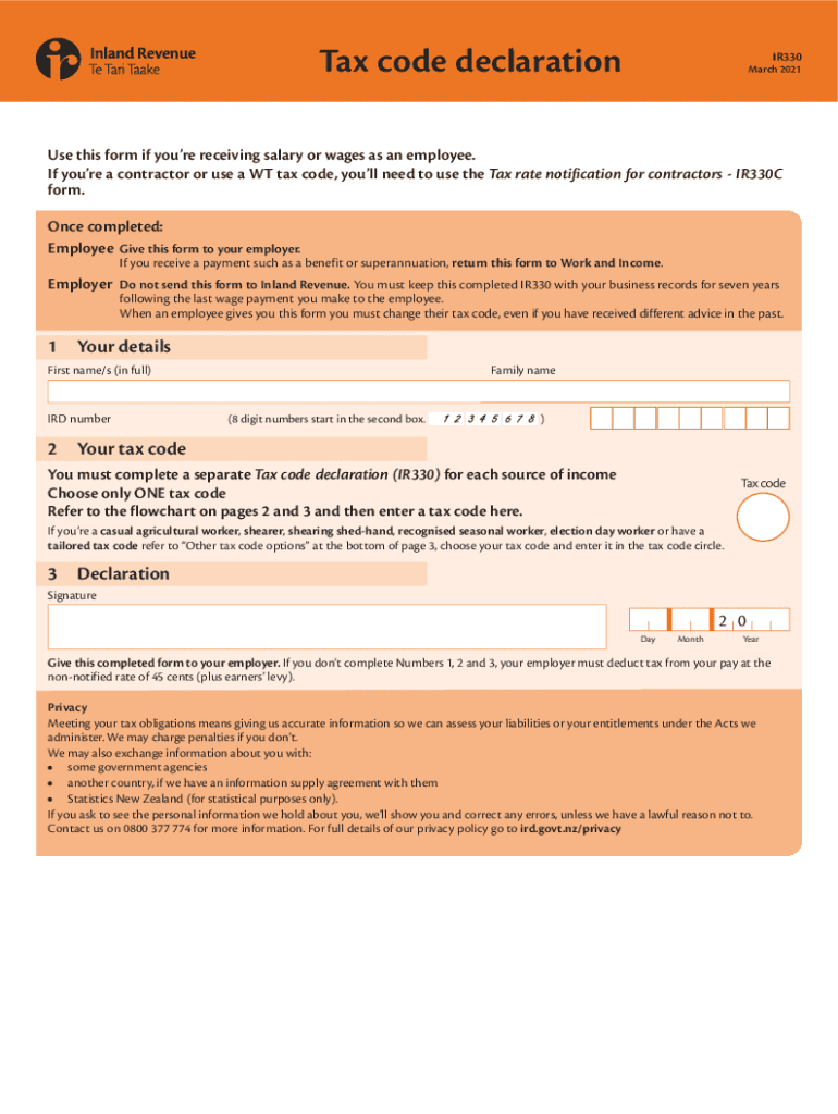 Tax Code Declaration IR330 IRD  Form