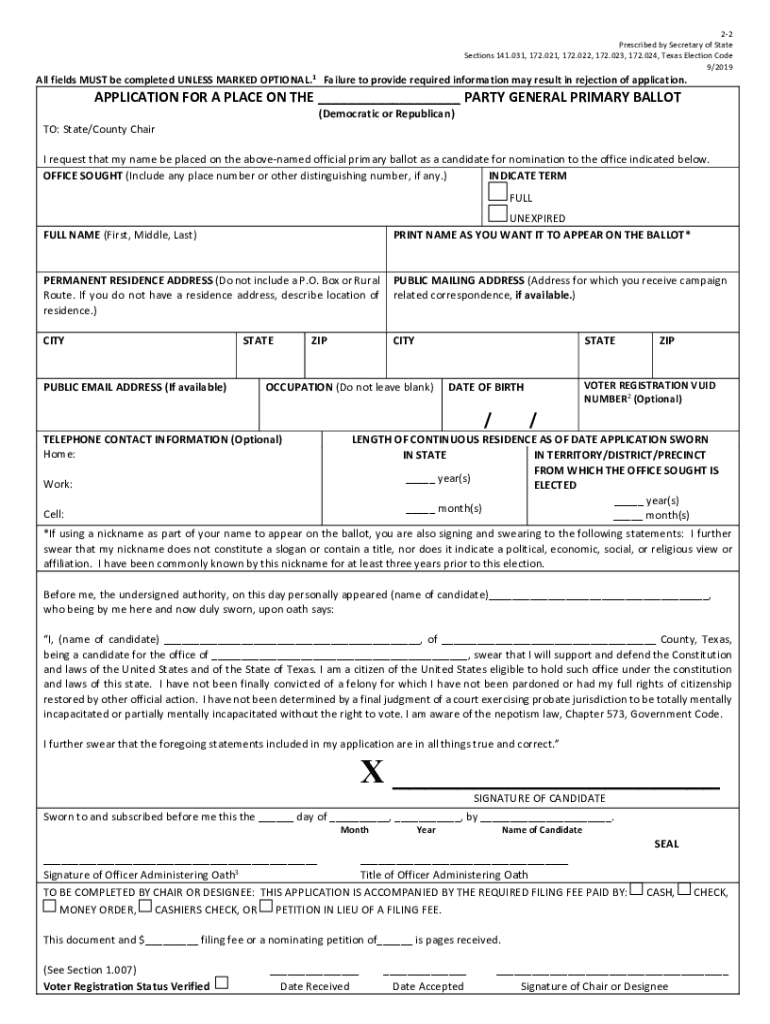 Application for a Place on the Democratic or Republican Party General Primary Ballot  Form