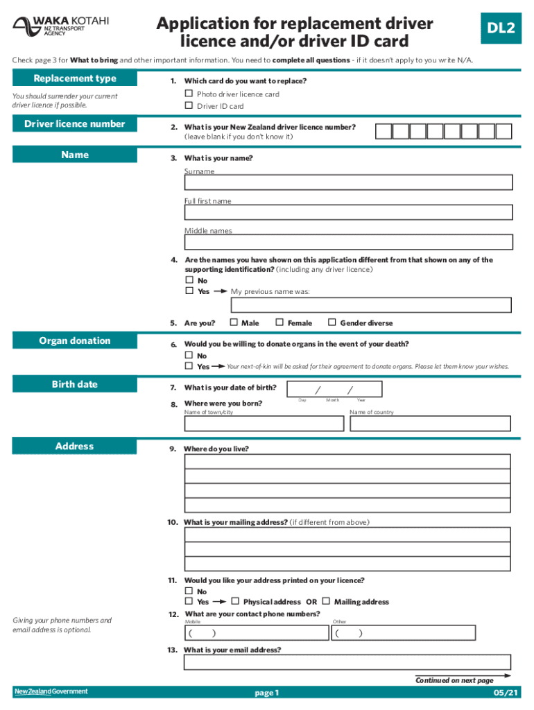 Application for Issue or Renewal DL1 of Driver Licence  Form