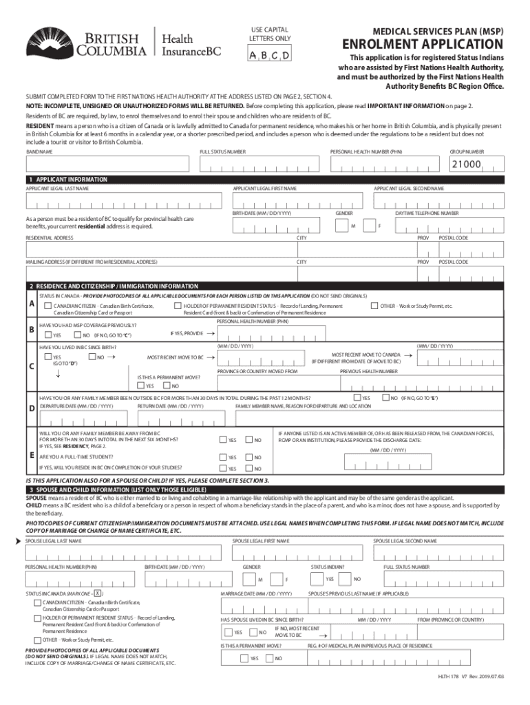 Form HLTH178 'Medical Services Plan Msp Enrolment