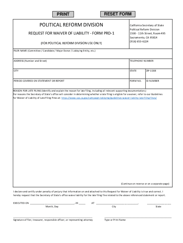 REQUEST for WAIVER of LIABILITY FORM PRD 1 California