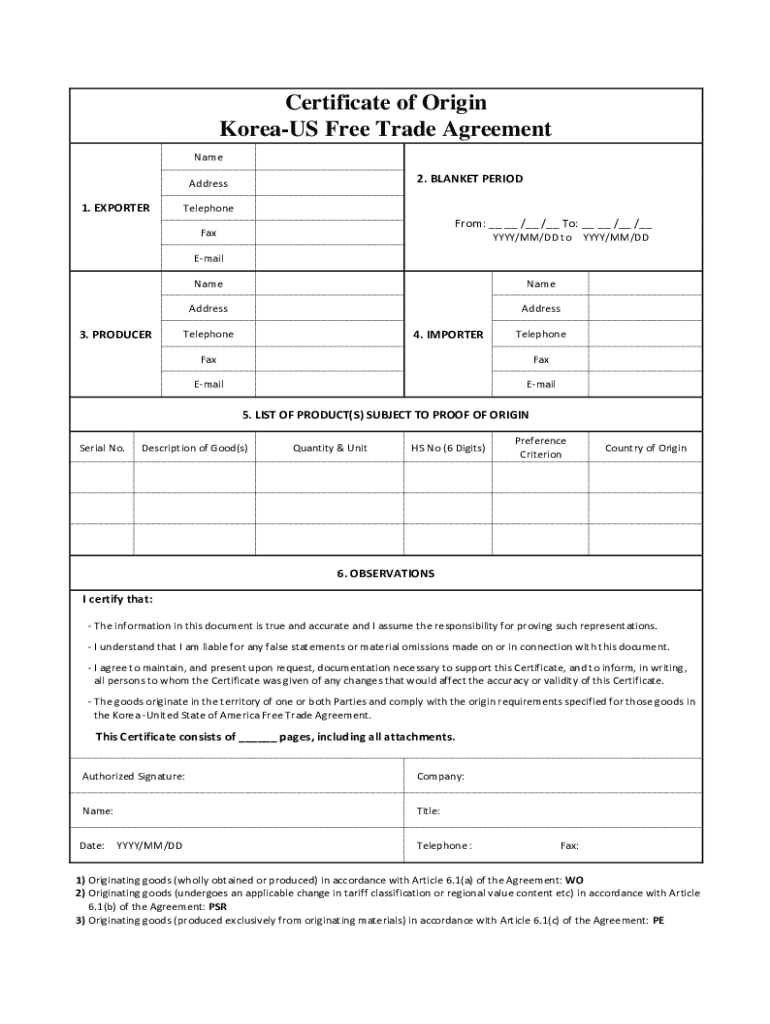 Certificate of Origin Korea Us Trade Agreement Fill  Form