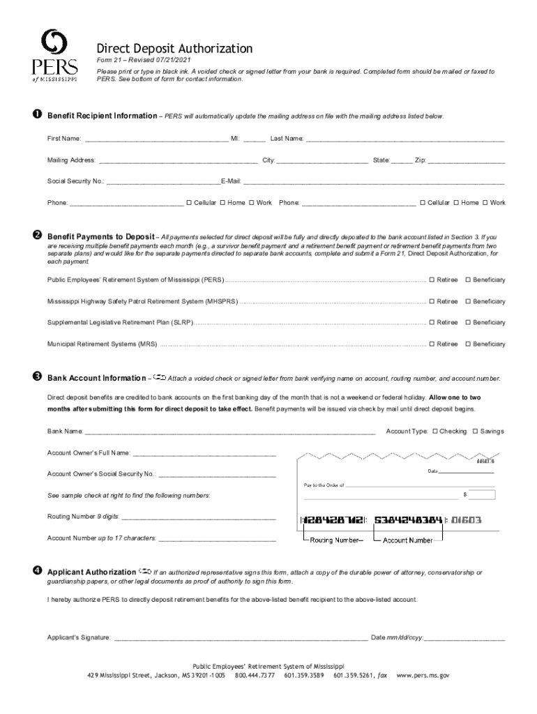 Form 21 Direct Deposit Authorization