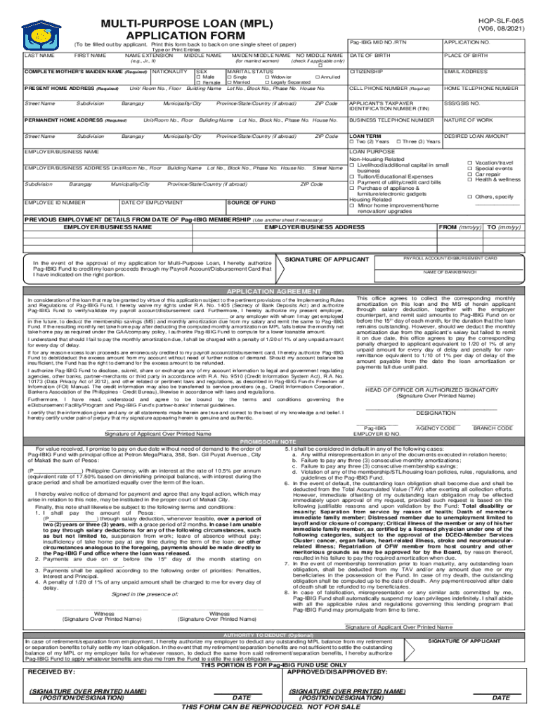  MULTI PURPOSE LOAN MPL HQP SLF 065 APPLICATION FORM 2021-2024