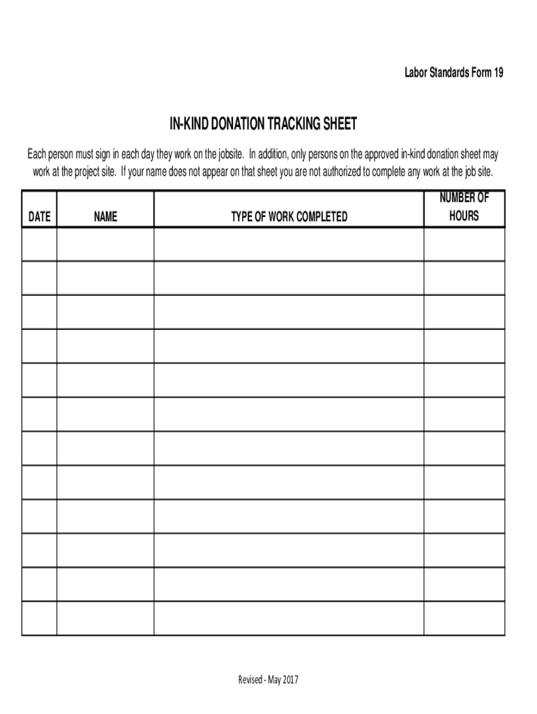 In Kind Donation Sheet  Form
