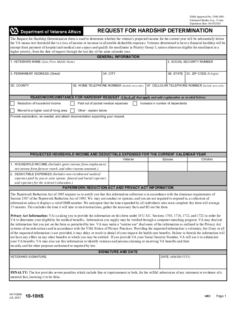  VA Form 10 10HS Request for Hardship Determination 2021-2024