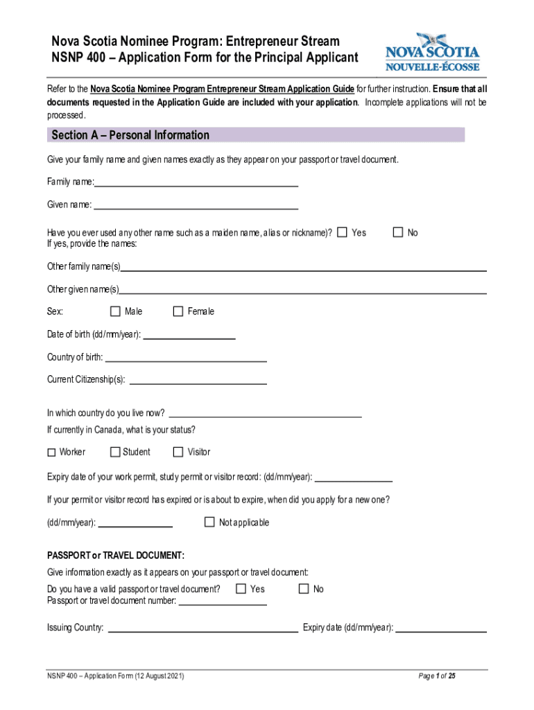  Application Form NSNP 400 Nova Scotia Immigration 2021-2024