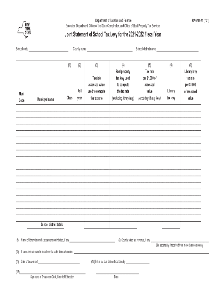  Form RP 6704 A1 Joint Statement of School Tax Levy for the 2022 Fiscal Year Revised 721 2021