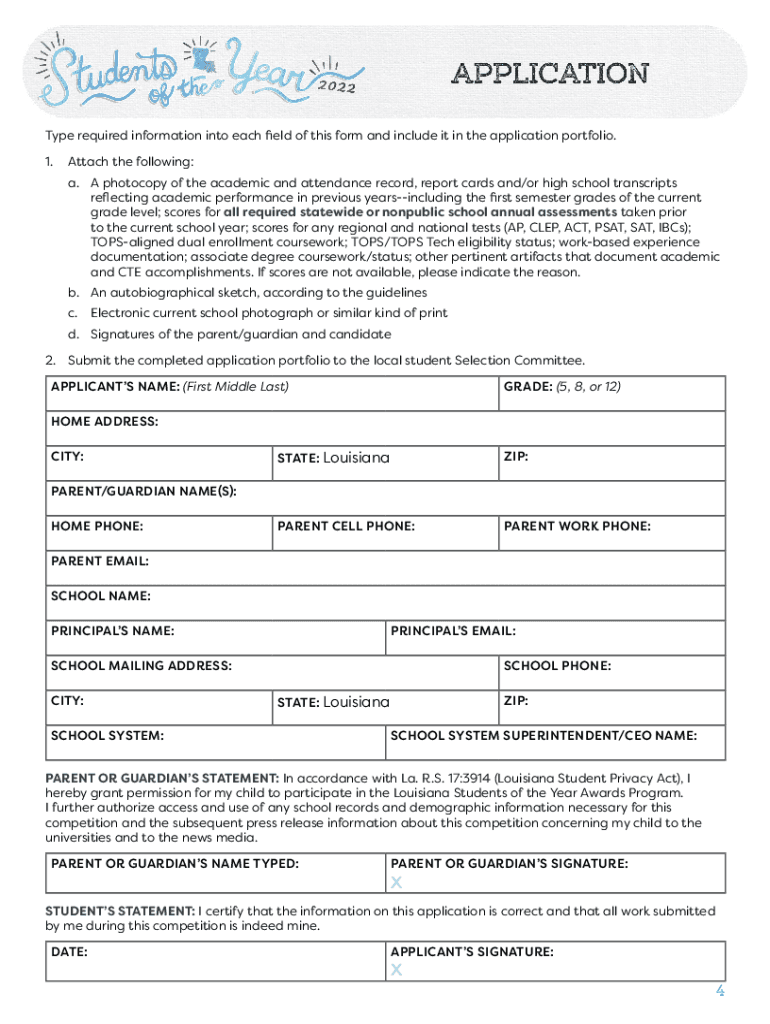 2022 Students of the Year Application Packet PDF Louisiana  Form