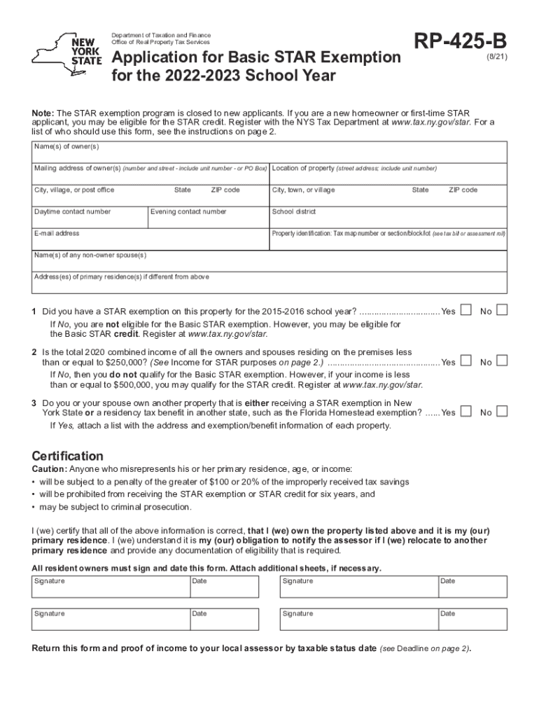  Form RP 425 B821 Application for Basic STAR Exemption 2021