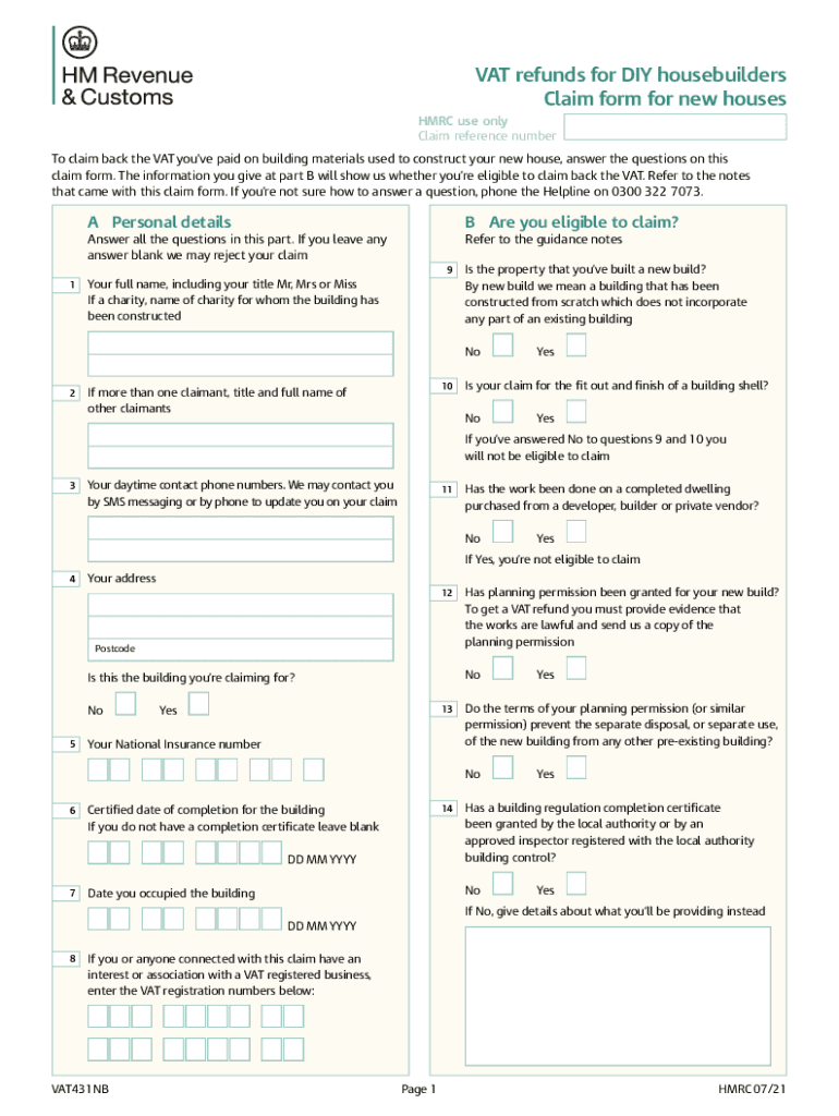 VAT431NB Form and Notes VAT Refunds for DIY Housebuilders Claim Form and Notes for New Houses