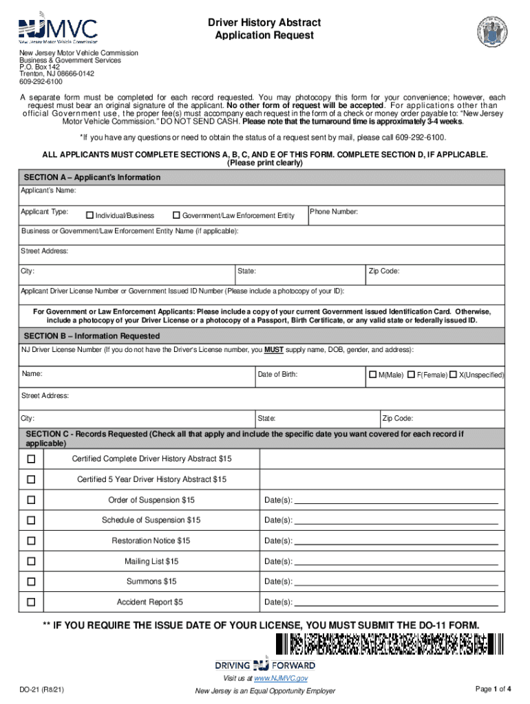 Get and Sign Form DO 21 'Driver History Abstract Application Request 