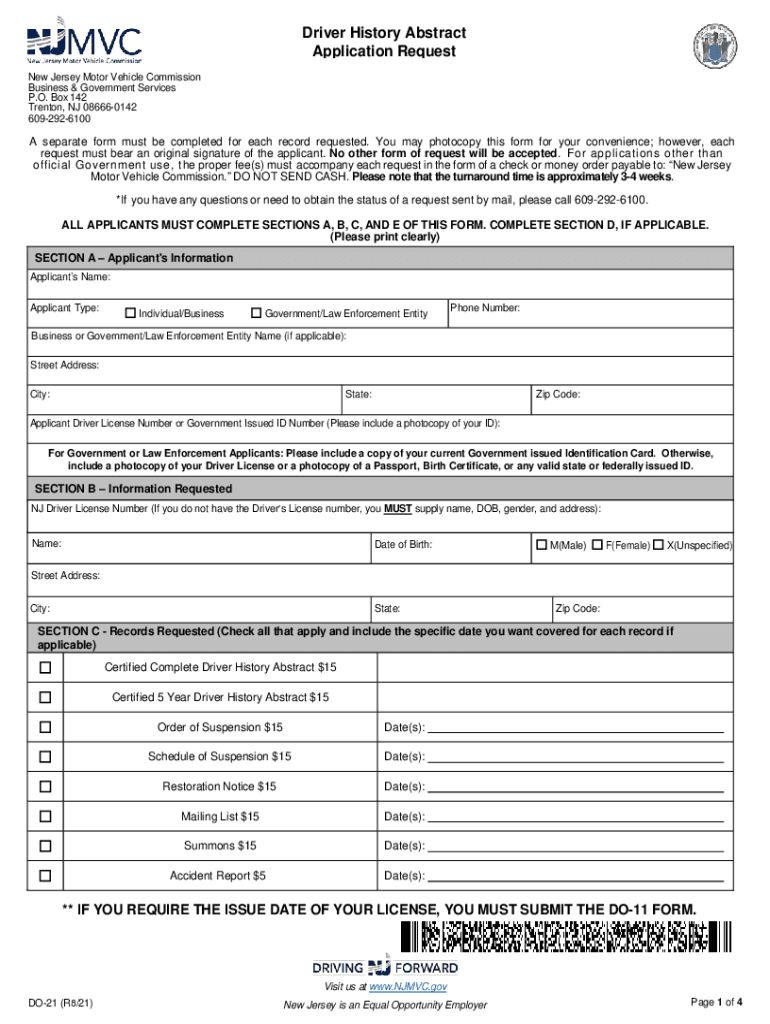 Form DO 21 'Driver History Abstract Application Request