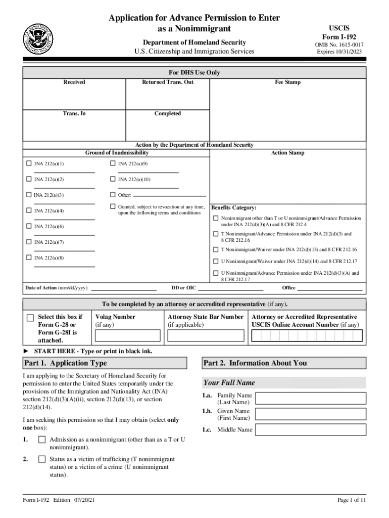 Form I 192, Application for Advance Permission to Enter as a Nonimmigrant Application for Advance Permission to Enter as a Nonim