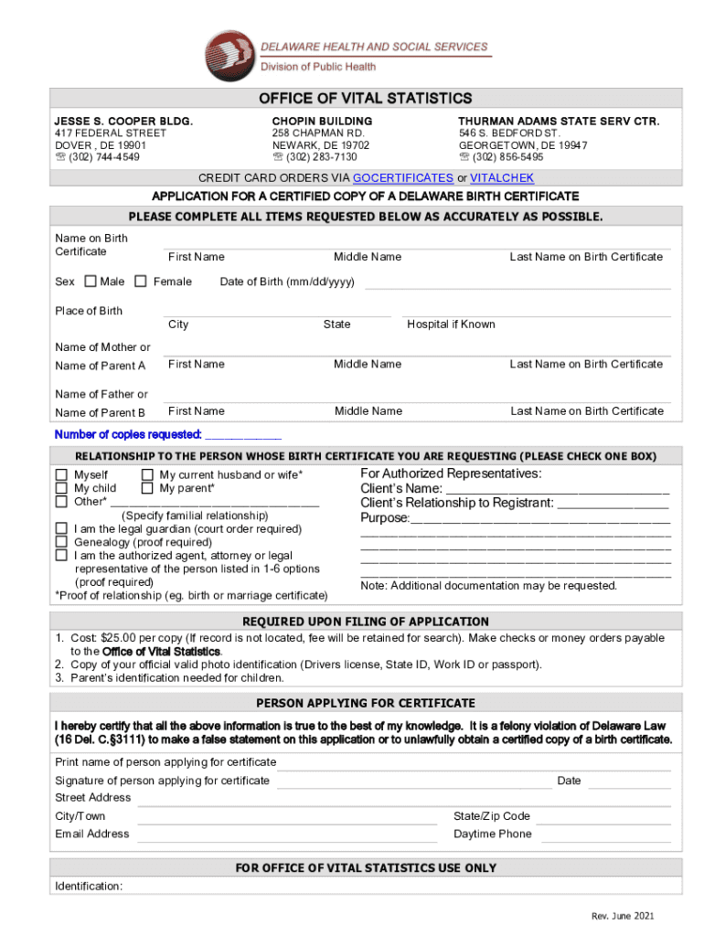 Delaware Birth Certificate, Death Record Vital Records  Form