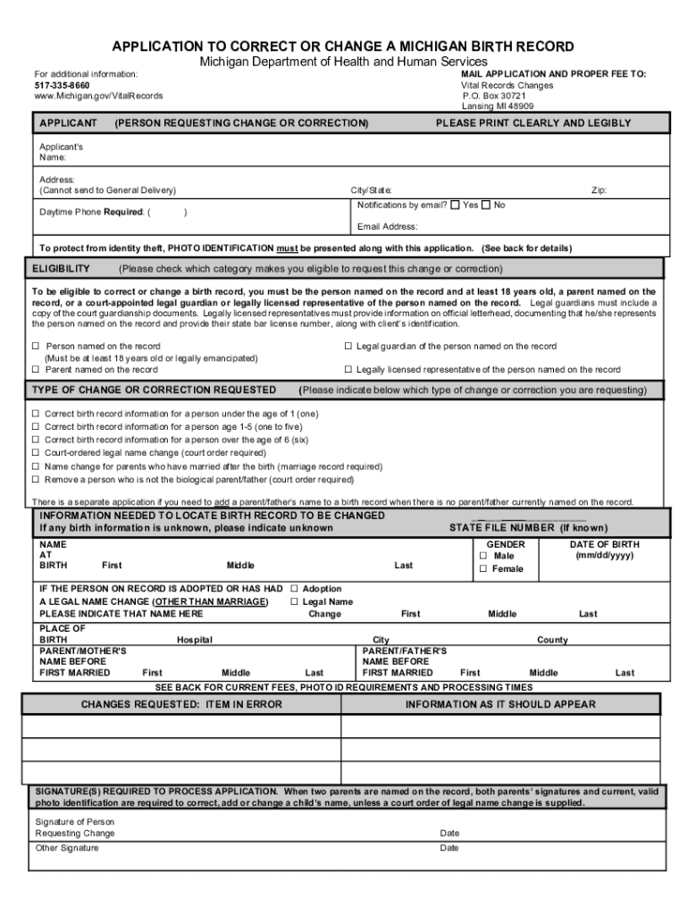  Fillable Online Application to Correct or Change a Michigan 2021-2024