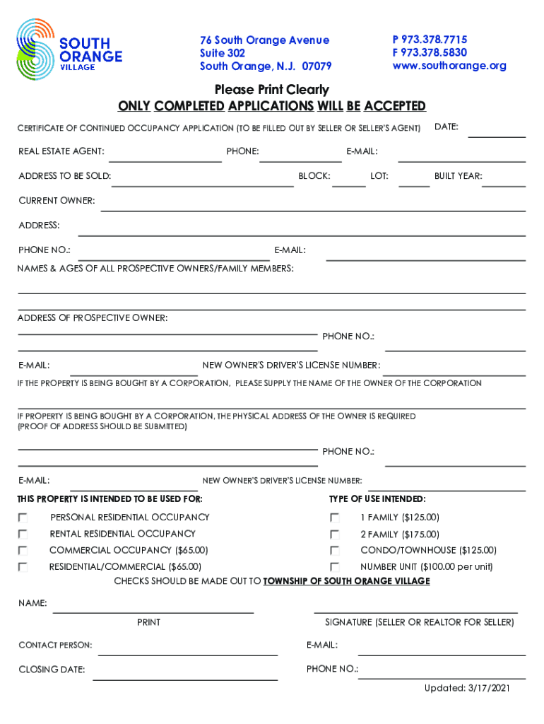 Application for Certificate of Continued Occupancy PDF  Form