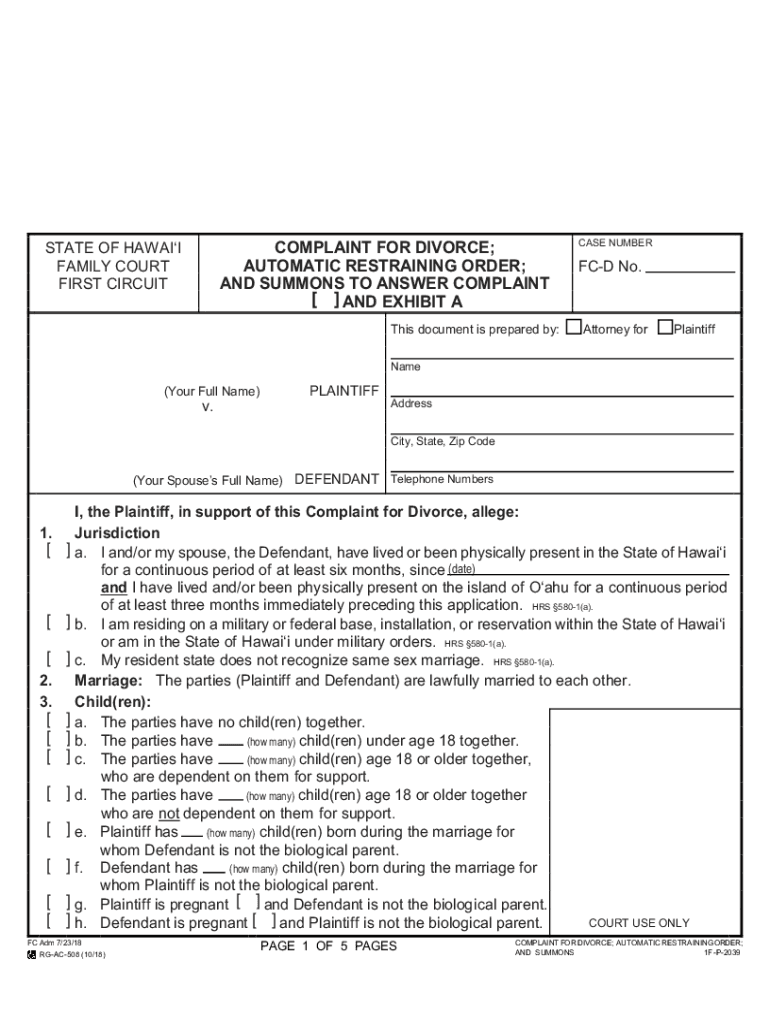  Form 1F P 2039 'Complaint for Divorce; Automatic 2018-2024