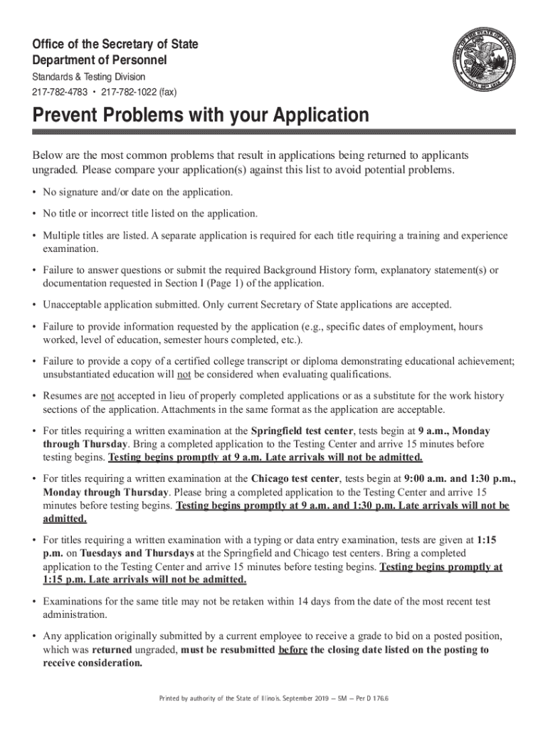 Get and Sign Prevent Problems with Your Application with Your Illinois Secretary of State Employment Applications 2019-2022 Form