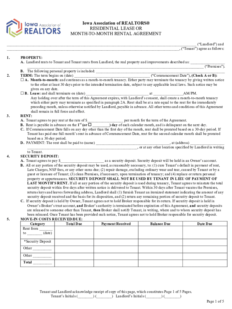 IA Residential Lease or Month to Month Rental Agreement  Form