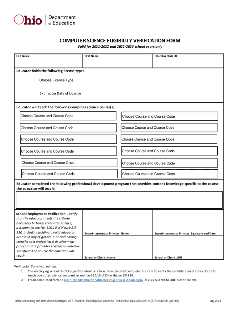 Computer Science Verification Form Ohio Department of