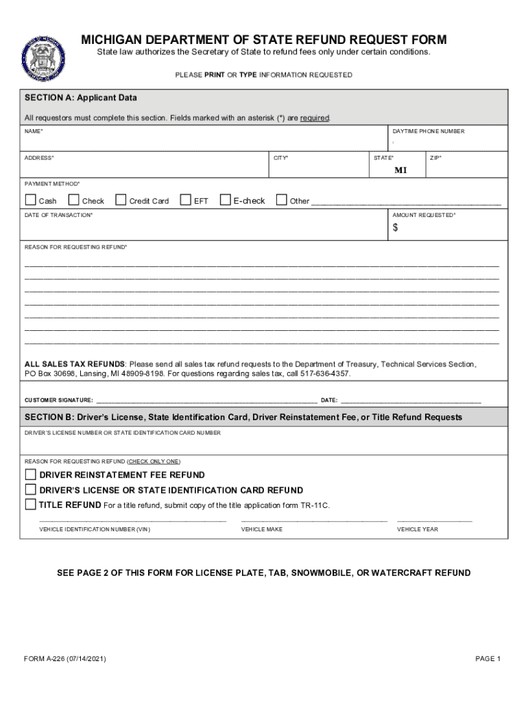  Fillable Michigan Department of State Refund Request Form 2021