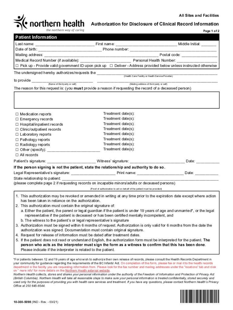  Canada Northern Health Form 10 300 7098 Fill 2021-2024