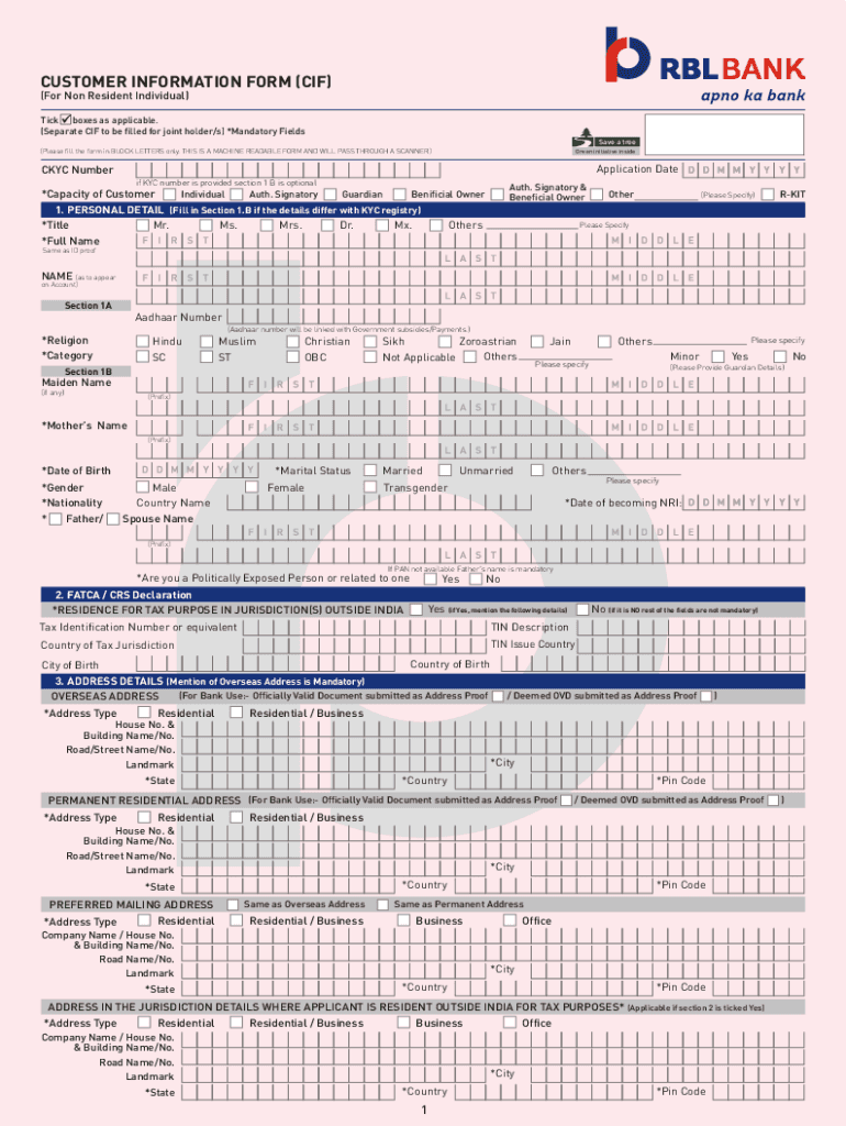 CUSTOMER PROFILE FORM CPF for Non Resident Individual