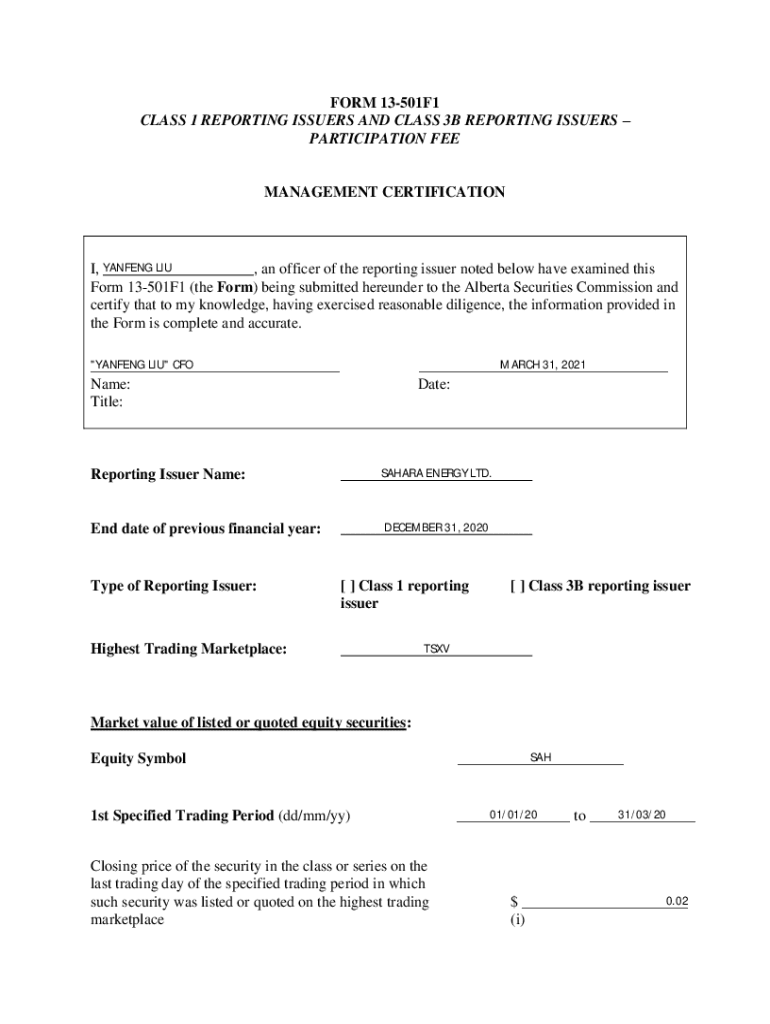  AB Form 13 501F1 Class 1 and 3B Reporting Issuers 2021-2024