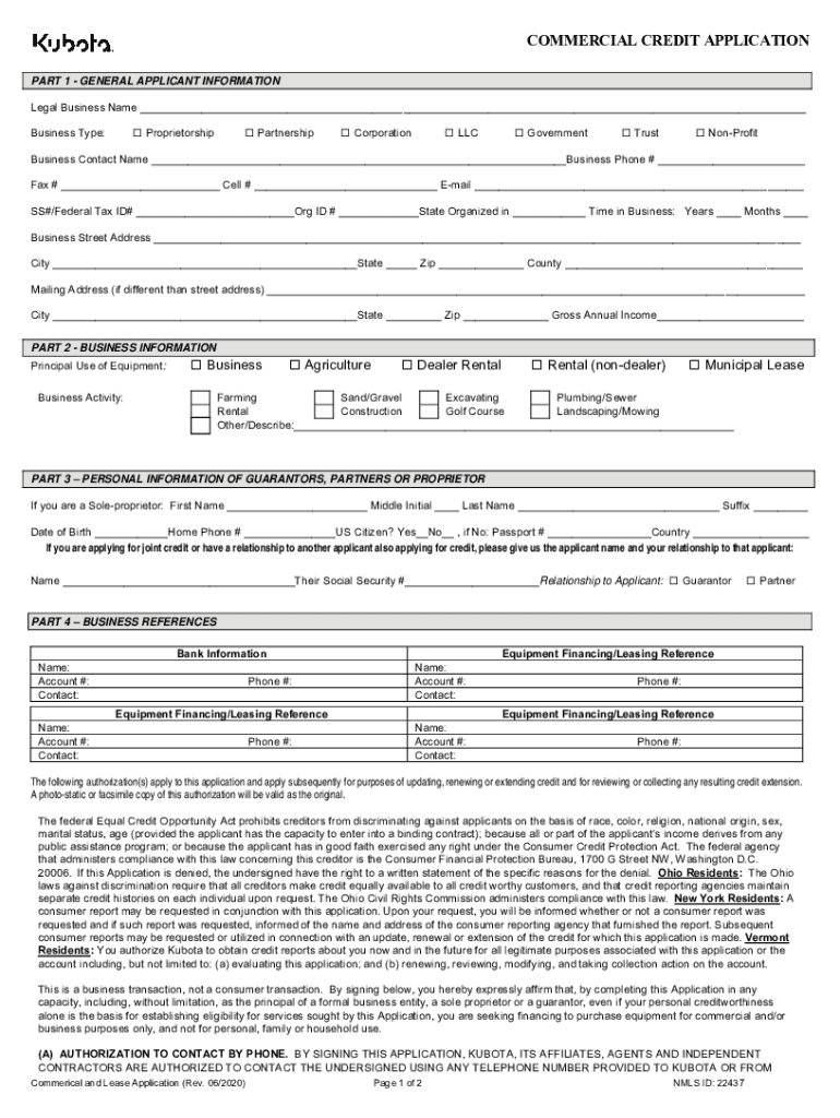  Kubota Commercial Credit Application 2020-2024