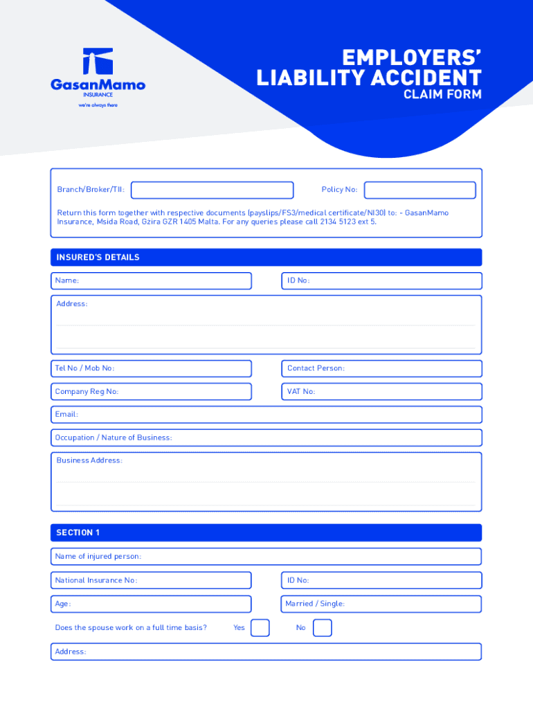 EMPLOYERS LIABILITY ACCIDENT CLAIM FORM BranchBro