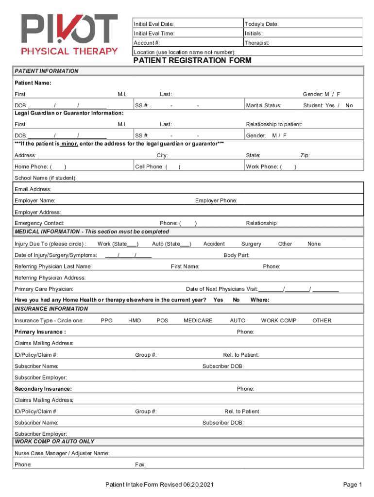 P ATIENT REGISTRATION FORM Pivotphysicaltherapy Com