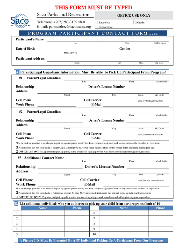 SPR Participant Contact Form Program Enrollment