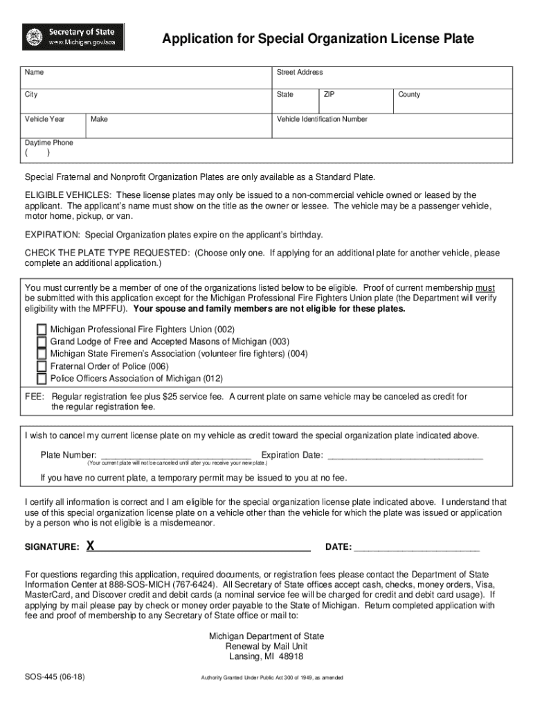  Application for Special Organization License Plate 2018-2024