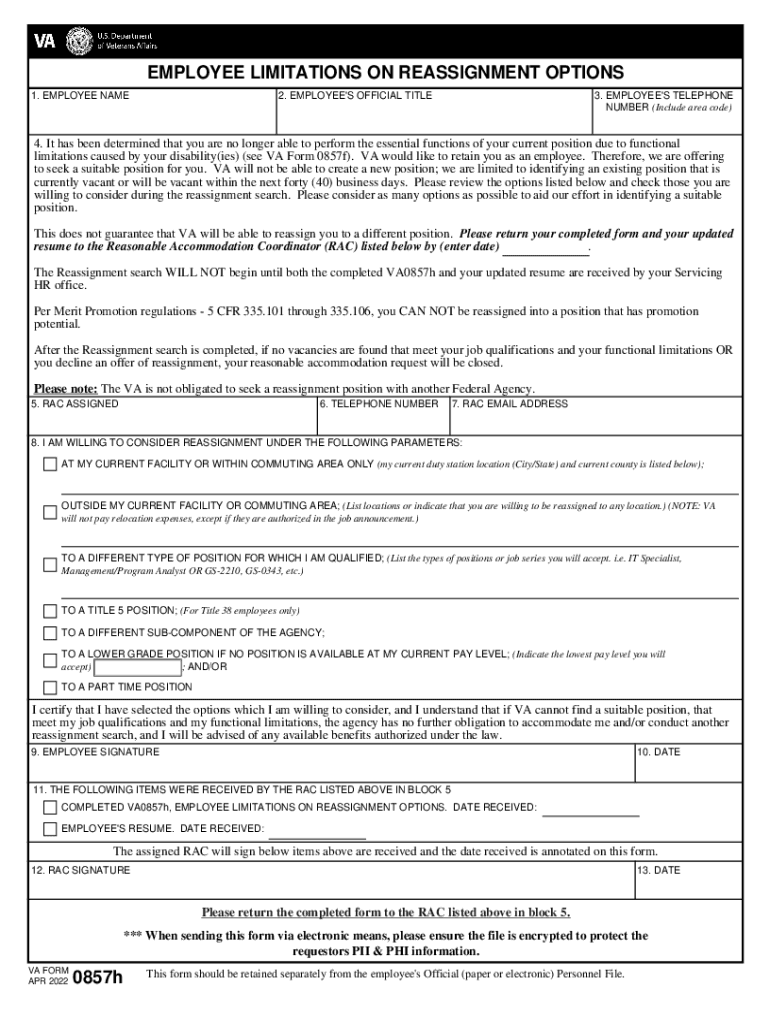 VA Form 0857h, Employee Limitations on Reassignment Options