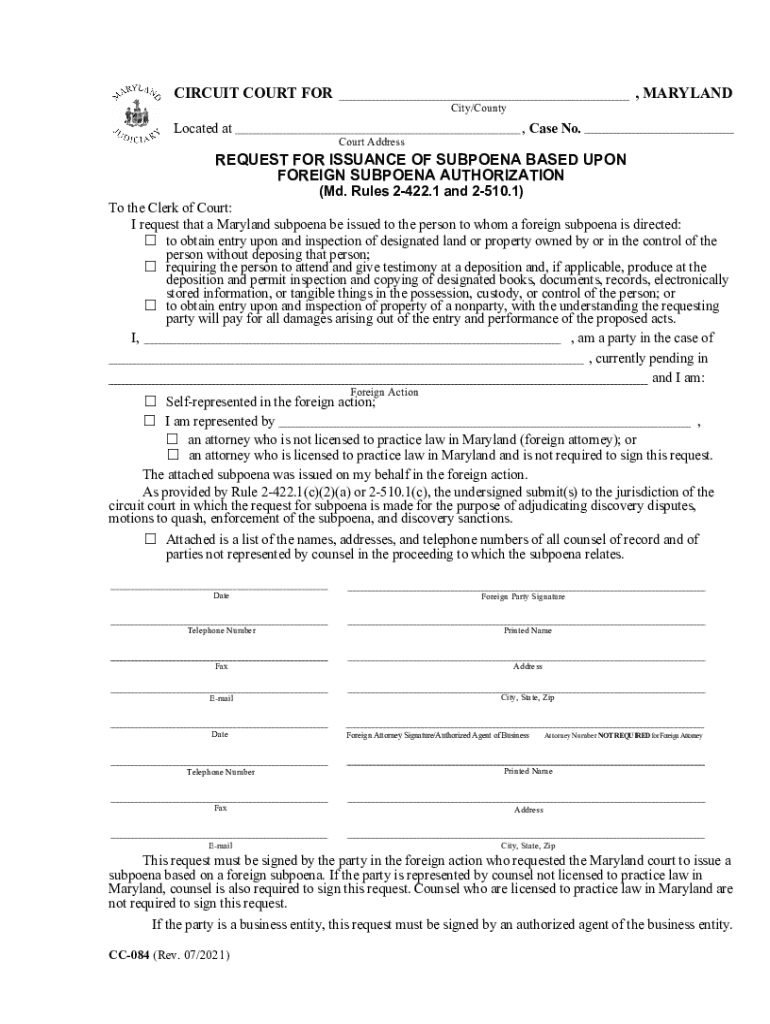 CIRCUIT COURT for , MARYLAND CityCounty Located at , Case  Form