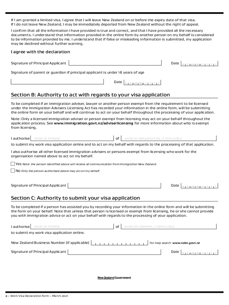 INZ 1225 Work Visa Declaration Form