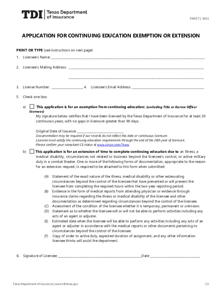FIN517 APPLICATION for CONTINUING EDUCATION EXEMPTION or EXTENSION  Form