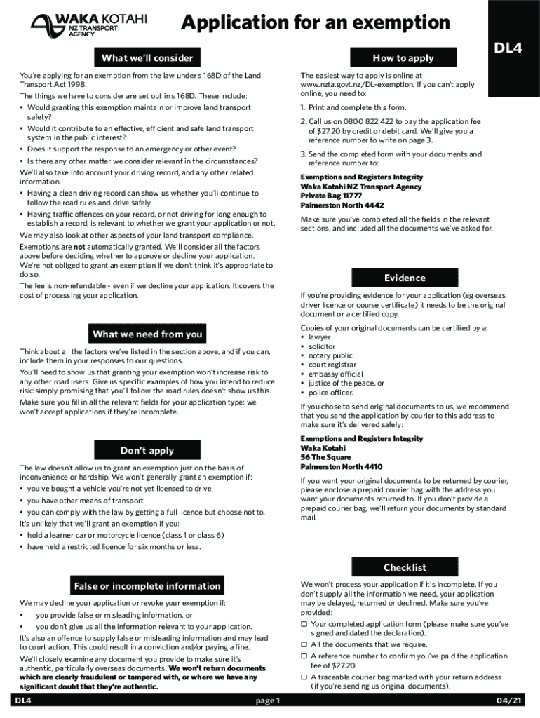  Dl4 Exemption Form 2021-2024