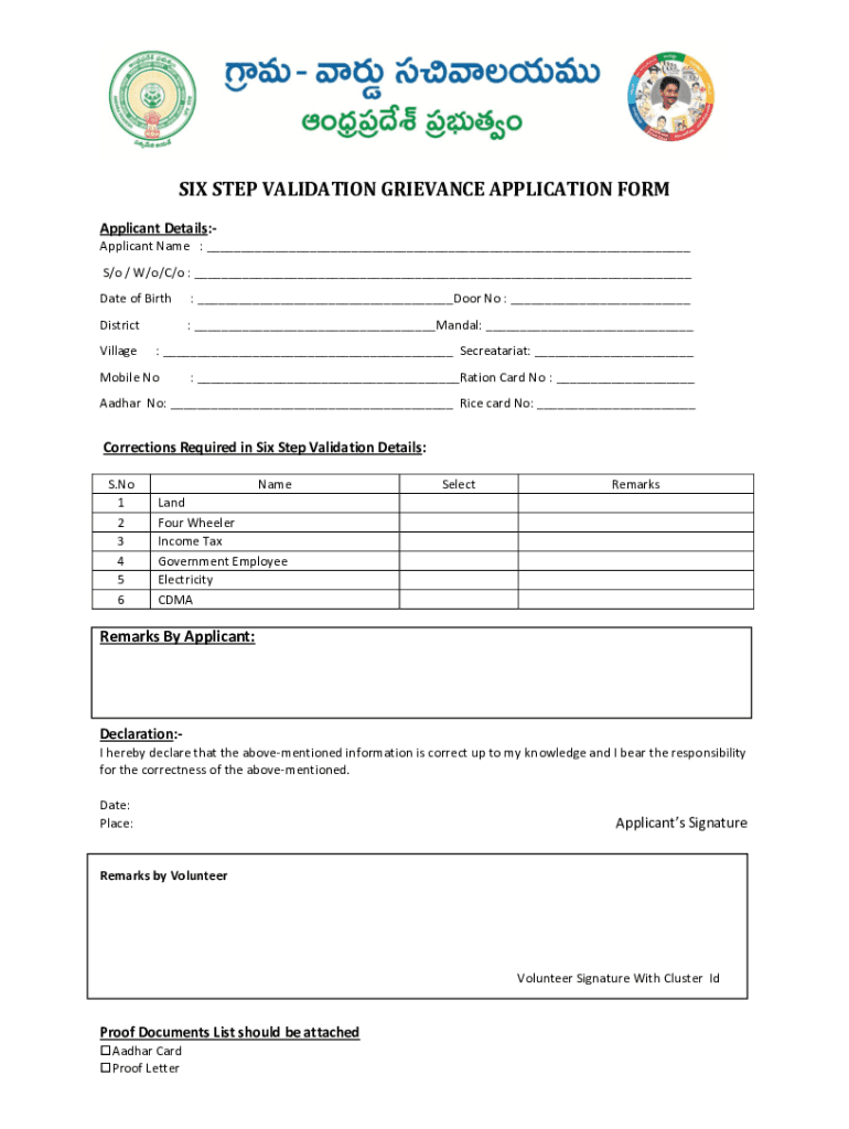 Six Step Validation Grievance Application Form