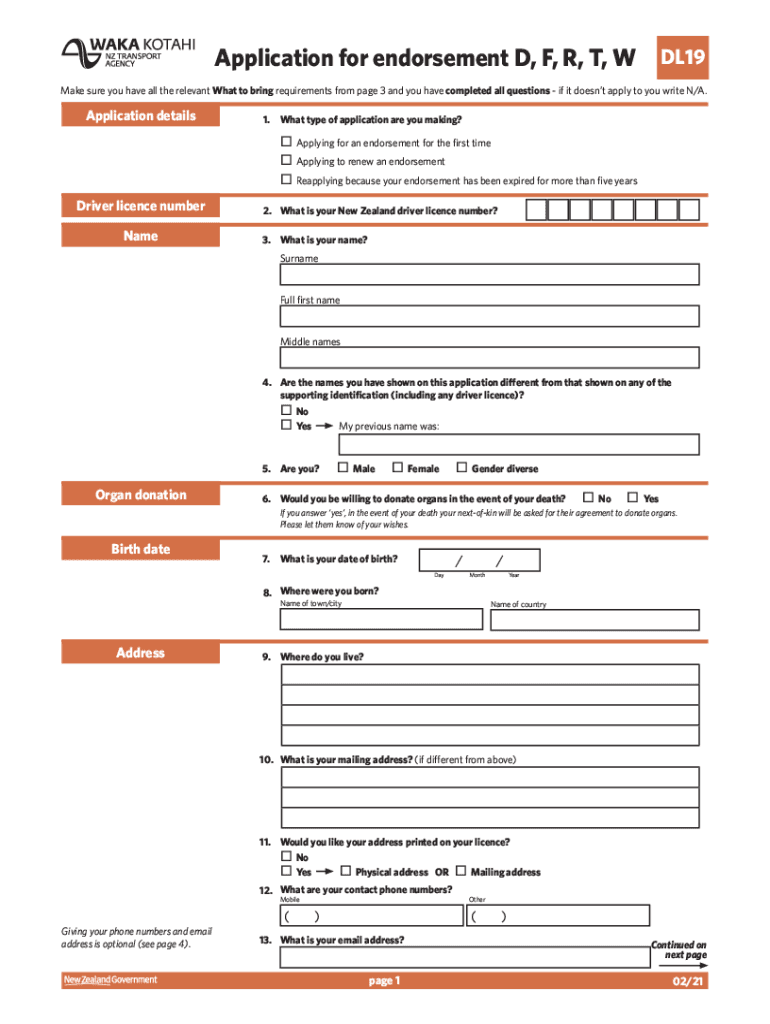  Application for Endorsement D, F, R, T, W 2021