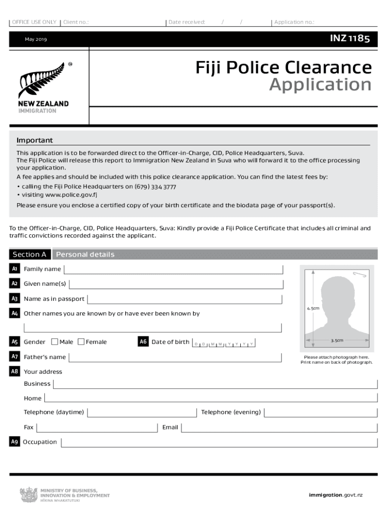  Fiji Police Clearance Application INZ 1185 2019-2024