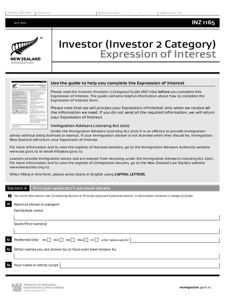 Get and Sign INZ 1165 Investor Investor 2 Category Expression of Interest 2021-2022 Form