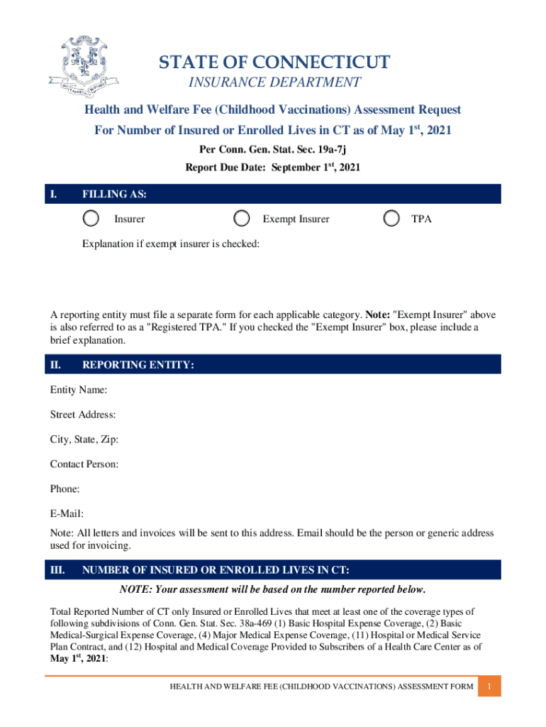 Health and Welfare Fee Childhood Vaccinations Assessment Request  Form