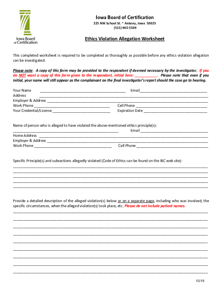 Ethics Violation Allegation Worksheet Iowa Board of  Form