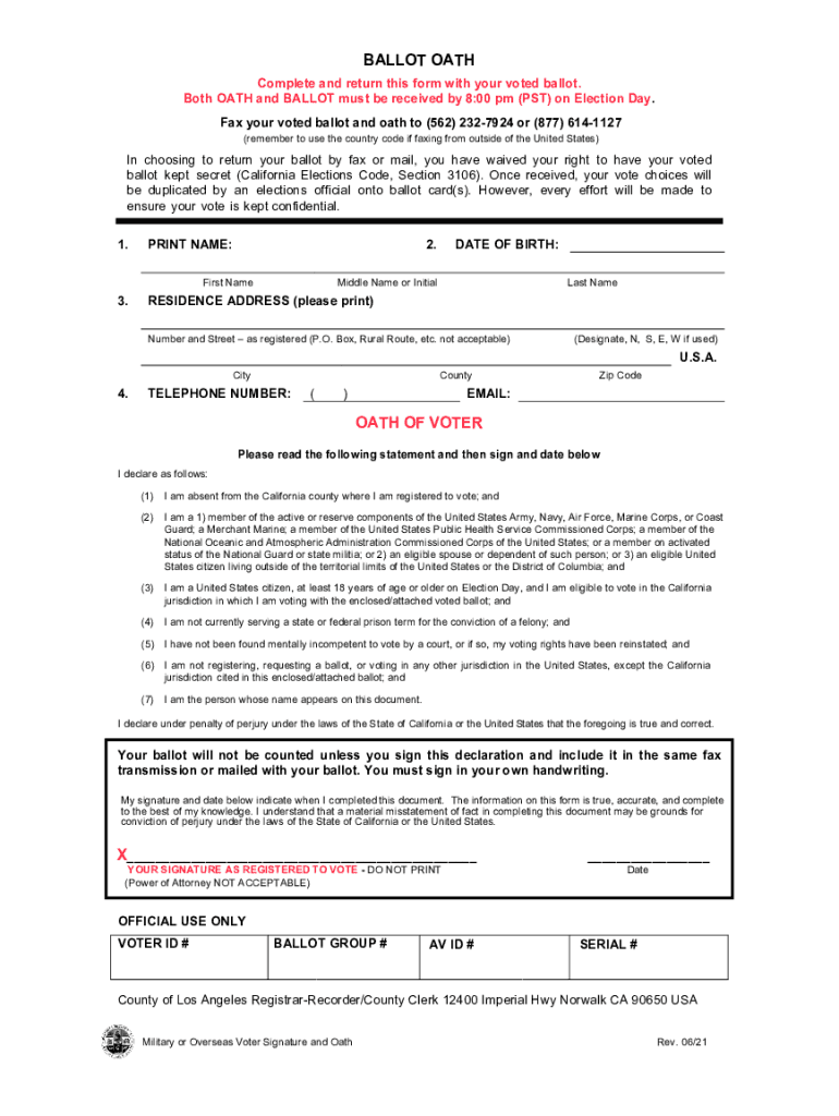  Form CA Faxed Ballot Oath Fill Online, Printable 2021-2024